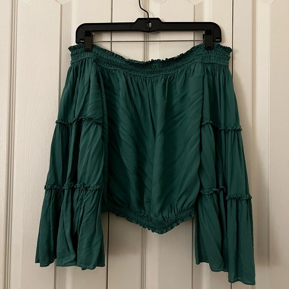 Free People Dark Green Off the Shoulder Long Big Sleeve Blouse - Picture 1 of 3